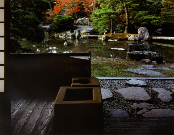 Yasuhiro Ishimoto, Garden view from the North Veranda of the Shokintei Pavilion. Earthen Hearths in the foreground, 1981-1982. Courtesy of Peter Blum Gallery, New York