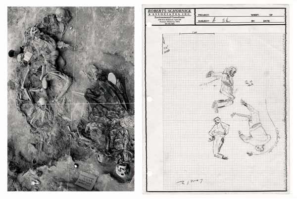 Left: Grave A-South, Koreme, North of Iraq, June 1992. Photo: Susan Meiselas; Right: Drawing with scale and orientation of Grave A-South, Level 2. Drawing by James Briscoe, forensic team archaeologist Grave A-South, Koreme, North of Iraq, June 1992. Photo: Susan Meiselas for Middle East Watch and Physicians for Human Rights mission, May–June 1992. © James Briscoe for Human Rights Watch and Physicians for Human Rights, 1993 