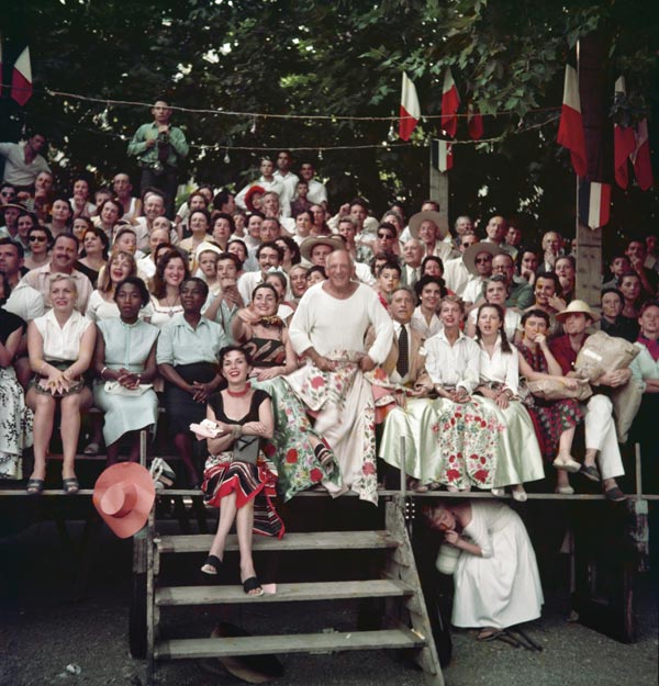 Jacqueline Roque an d Picasso, Jean Cocteau, Francine and Carole Weisweiller, and sitting in front, Florette, bullfight, Vallauris, 1955.  