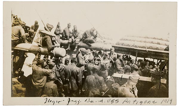 Photographer unknown, An army jazz band on the USS Antigone, 1919. Courtesy PBA Galleries