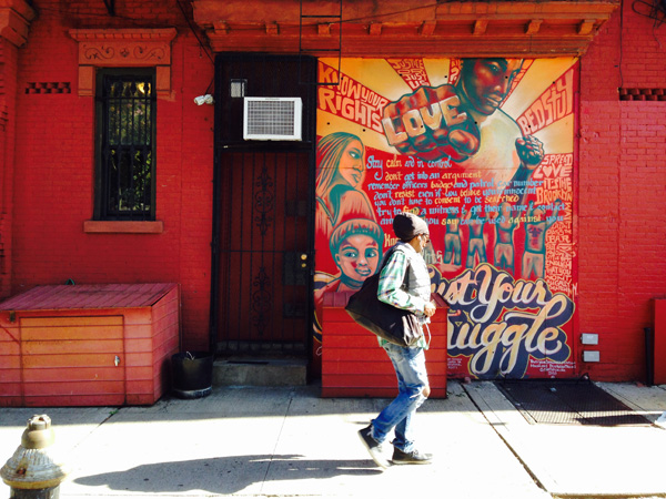 Artist: Trust Your Struggle (collective), Trust Your Struggle, Bedford Stuyvesant, Brooklyn, Marcus Garvey Boulevard and MacDonough Street, 2010. “Justice or Just Us.” “LOVE/HATE.” “Stay calm and in control. Don’t get into an argument. Remember officer’s badge and patrol car number. Don’t resist, even if you believe you’re innocent. You don’t have to consent to be searched. Try to find a witness & get their name & contact. Anything you say can be used against you. Know Your Rights. Trust Your Struggle. Spread love. It’s the Brooklyn way. Didn’t pass the bar, but know a little bit; enough that you won’t illegally search N.Y.”