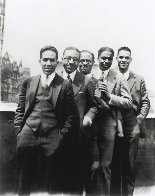 Author Langston Hughes, far left, with Charles S. Johnson, E. Franklin Frazier, Rudolph Fisher, and Hubert T. Delaney, on the roof of 580 St. Nicholas Avenue, Harlem, on the occasion of a party in Hughes' honor, 1924. Courtesy Schomburg Center for Research in Black Culture, Photographs and Prints Division, The New York Public Library