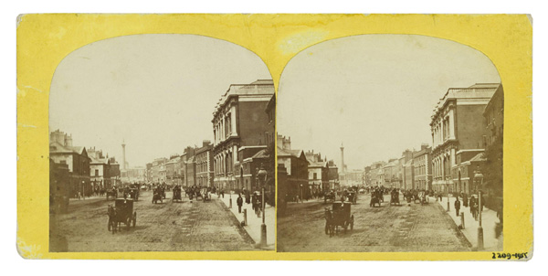 Unknown photographer, Stereoscopic photograph of Parliament Street, looking towards Trafalgar Square, with Whitehall in the foreground, ca. 1850–80. Courtesy the Victoria & Albert Museum