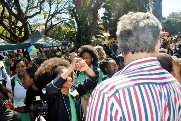 Zulaikha Patel protesting discriminatory hair policies at Pretoria High School for Girls, South Africa, 2016Courtesy Twitter/lennoxbacela