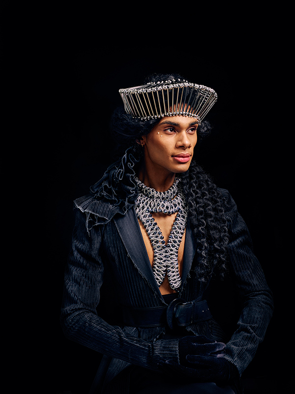 Portrait of Zachary Tye Richardson dressed as Orlando. Mickalene Thomas, 2019.