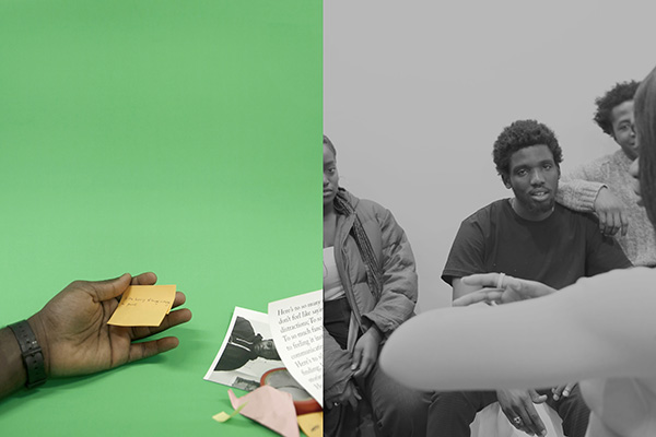 Diptych of a black and white portrait and still life on green background