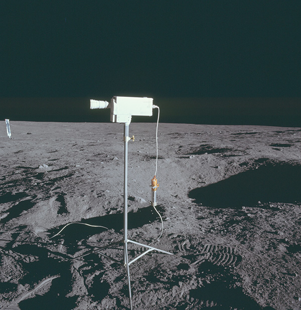 Buzz Aldrin, An Apollo 11 Hassleblad image shows an instrument on the moon's surface