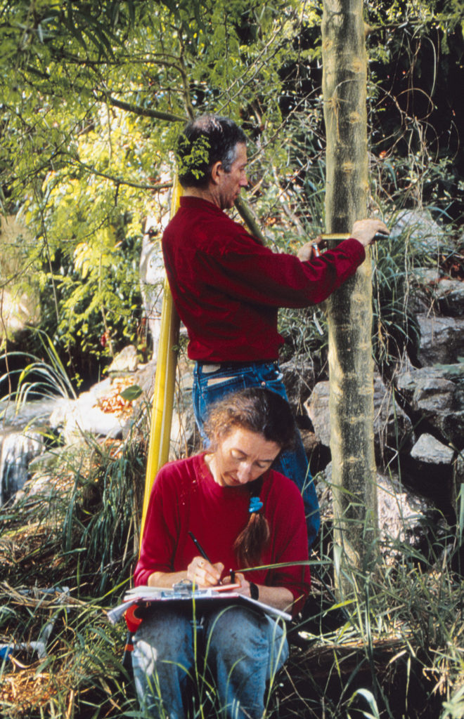 Biospherians Mark Nelson and Linda Leigh measuring trees, 1991