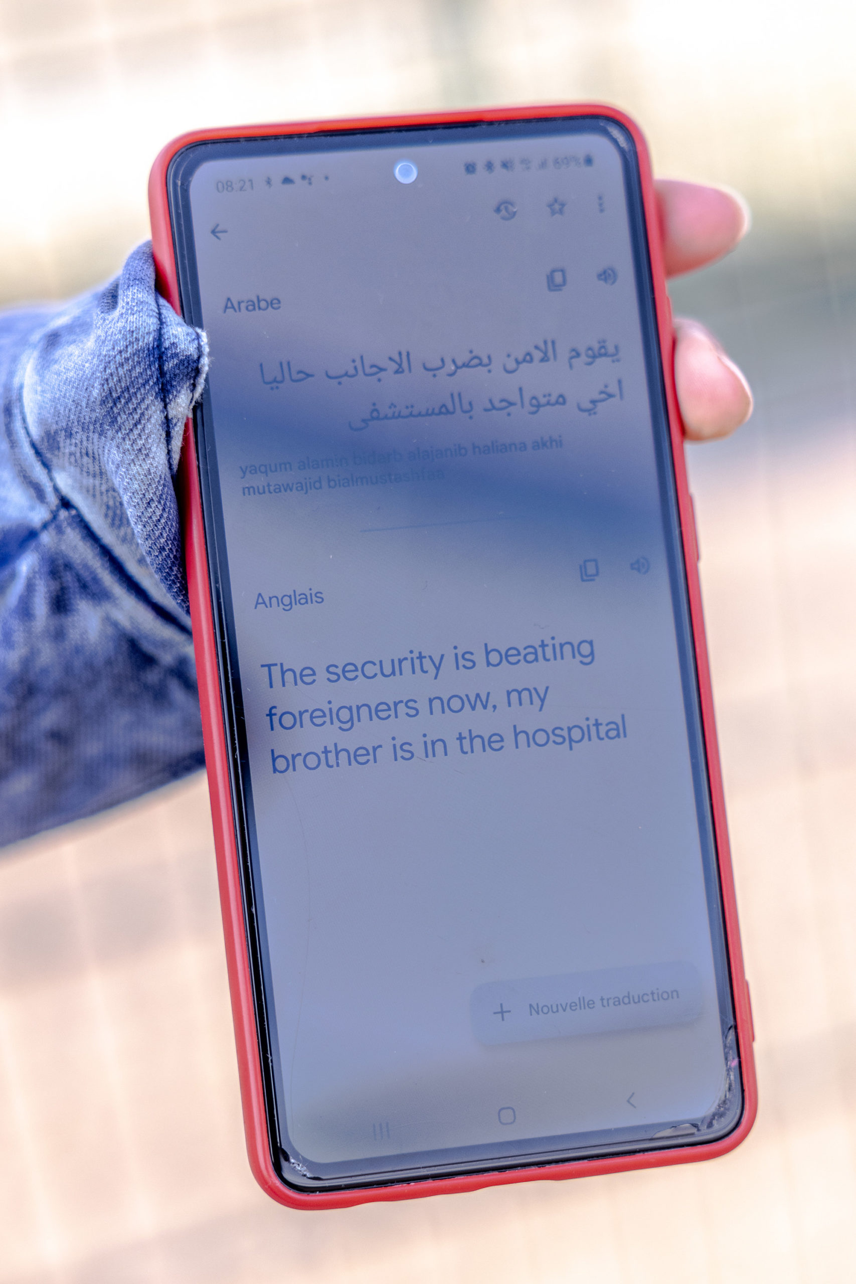 Natalie Keyssar, Fatima Ezzahra shows a message to <em>Time</em> using Google Translate at the Medyka border in Poland, March 1, 2022, for <em>Time</em>“>
		</div>
		<div class=