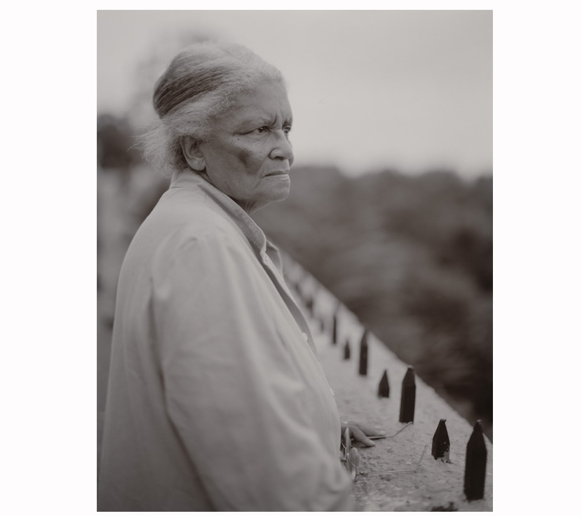 Judith Joy Ross, Lois Adele America Merriweather Armstrong, looking at the skyline of Manhattan, Eagle Rock Reservation, West Orange, New Jersey, September 18, 2001; from Judith Joy Ross: Photographs 1978–2015 (Aperture, 2022). © Judith Joy Ross, courtesy Galerie Thomas Zander, Cologne