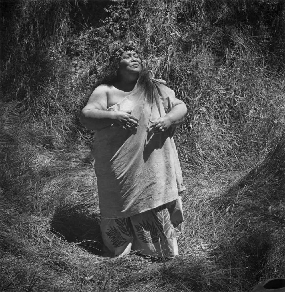 Franco Salmoiraghi, Aunty Edith Kanaka‘ole chanting in the koa forest of Kipuka Puaulu in Volcano National Park, Hawai‘i, 1976