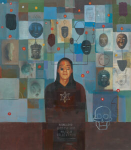 A collaged image of a man with long hair surrounded by masks.