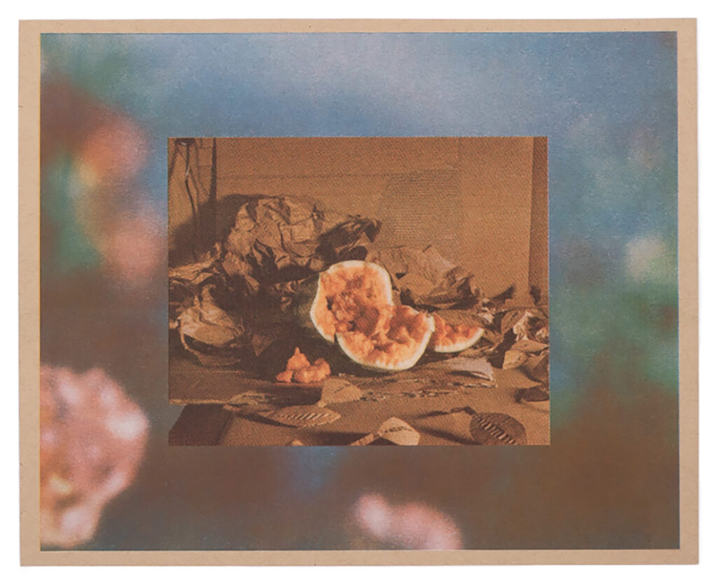 A sepia-toned photograph of a watermelon overlayed on a softly blurred image of flowers and blue sky.