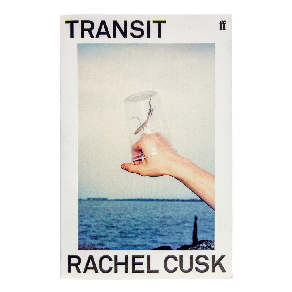 Cover of Rachel Cusk's novel transit with color photograph of a hand with an insect covered by a plastic cup