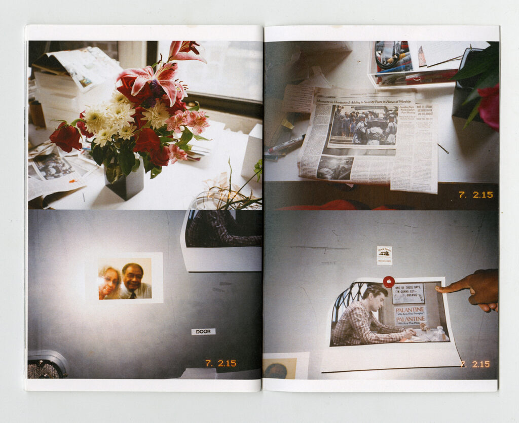 A composite of four timestamped photographs featuring everyday objects like a vase of flowers, a newspaper, and personal photos.