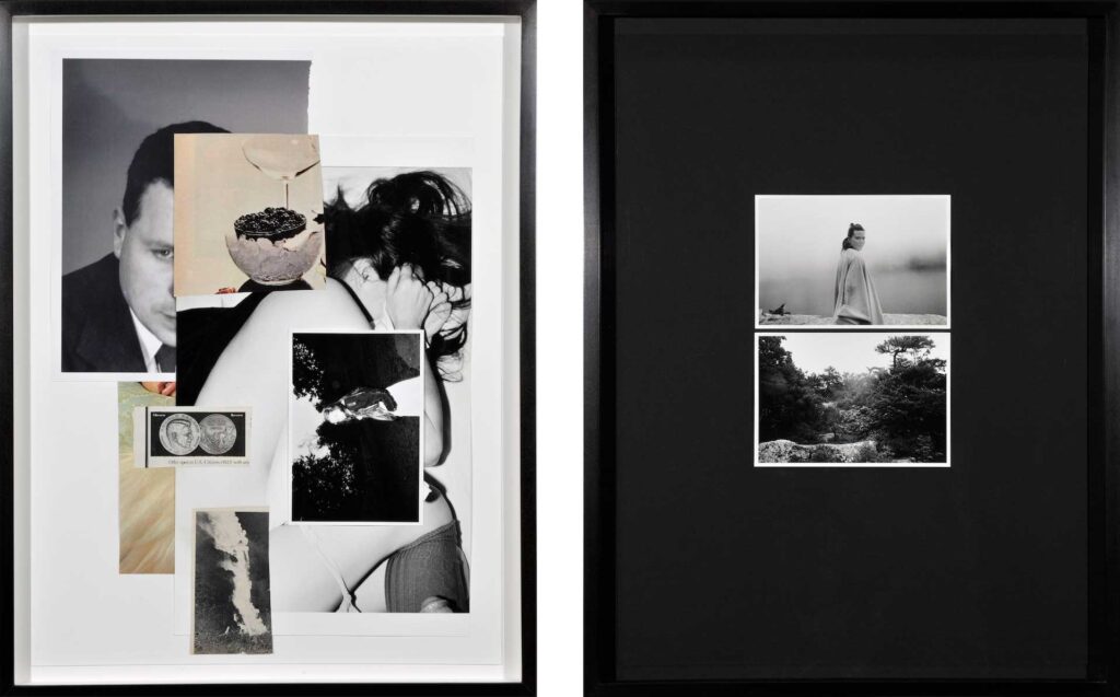 Two framed collages of black and white photographs