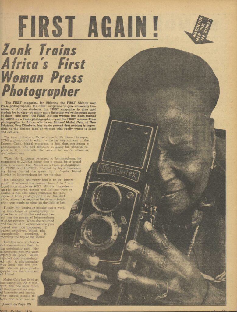 Newspaper clipping reading "Zonk Trains Africa's First Woman Press Photographer"