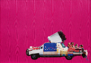 A bright pink image with a small car covered in decorative objects.
