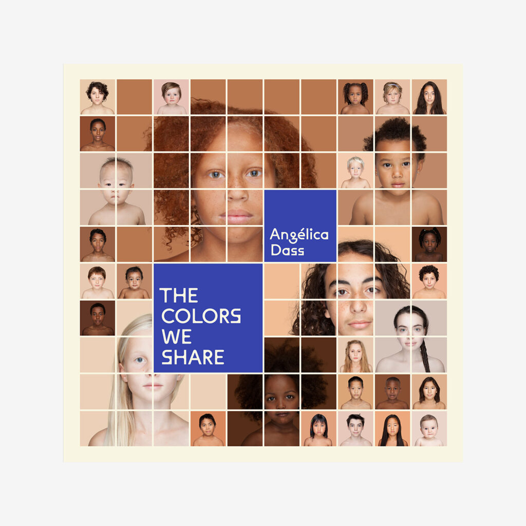 Cover of Angélica Dass, “The Colors We Share” (Aperture, 2021) A book cover featuring close of portraits of dozens of individuals with different colored skin.
