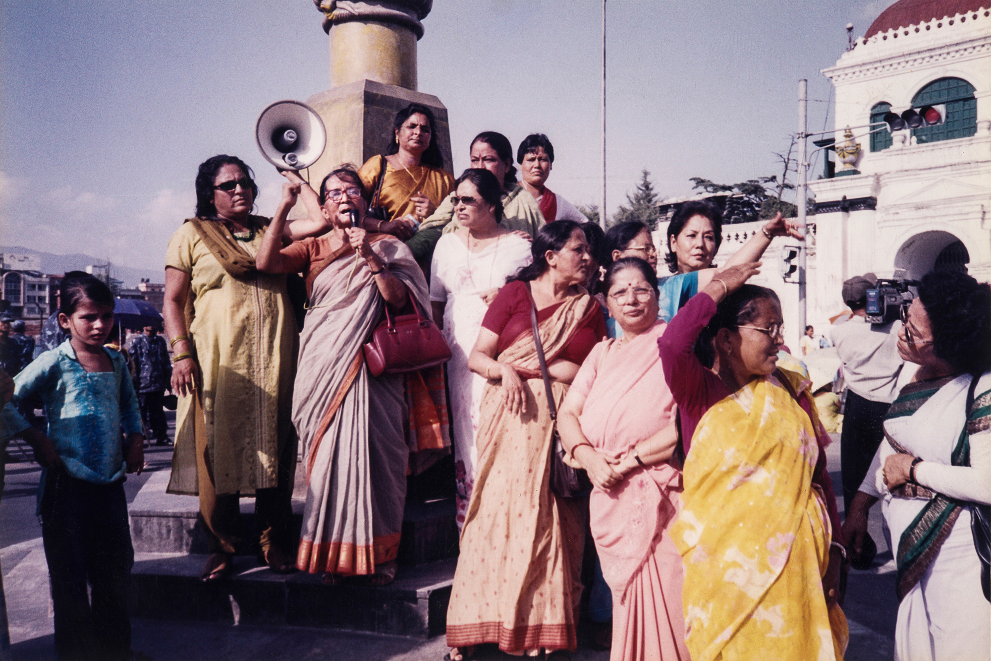 Members of Women’s Security Pressure Group take a rally. Chaired by Sahana Pradhan, the group started as a united forum of women activists, politicians, and professionals of all affiliations. It was founded in 1991 after the Home Minister of the newly established democratic government said that women should simply grow their nails and carry chilli powder when women activists petitioned him about the watershed case of a 11-year-old girl’s rape in Kathmandu.