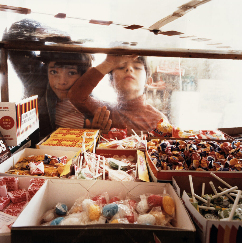 Two young children peer into a candy case.