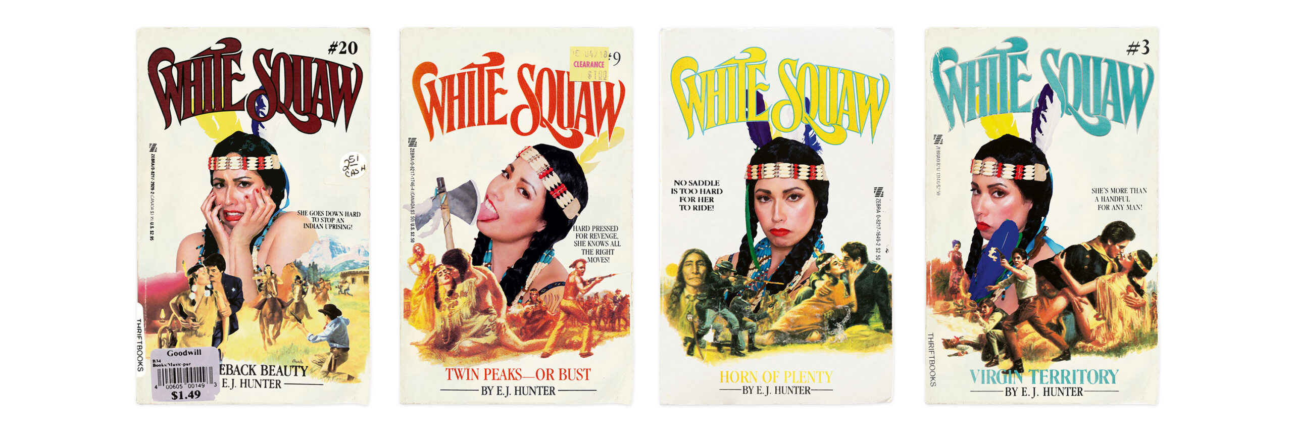  Wendy Red Star, from the series White Squaw, 2014. From left to right: Bareback Beauty #20, Twin Peaks—Or Bust #9, Horn of Plenty #8, Virgin Territory #3 