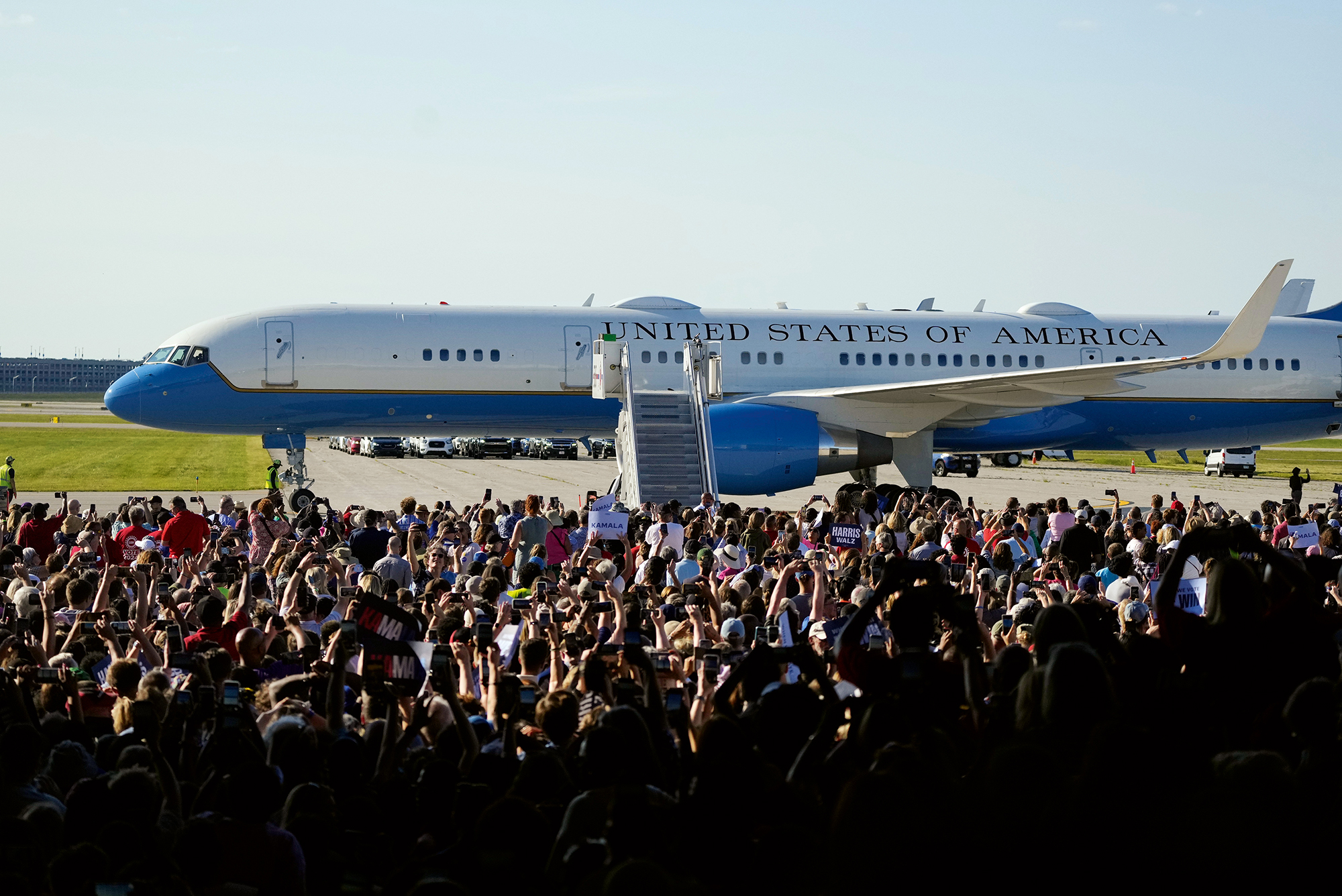 Carlos Osorio, Democratic presidential nominee
Vice President Kamala Harris and her running mate, Minnesota governor Tim Walz, arrive for a campaign rally in Romulus, Michigan, on August 7, 2024. Former president Trump falsely claimed this image featuring a large crowd was AI generated.<br>Courtesy AP Photo