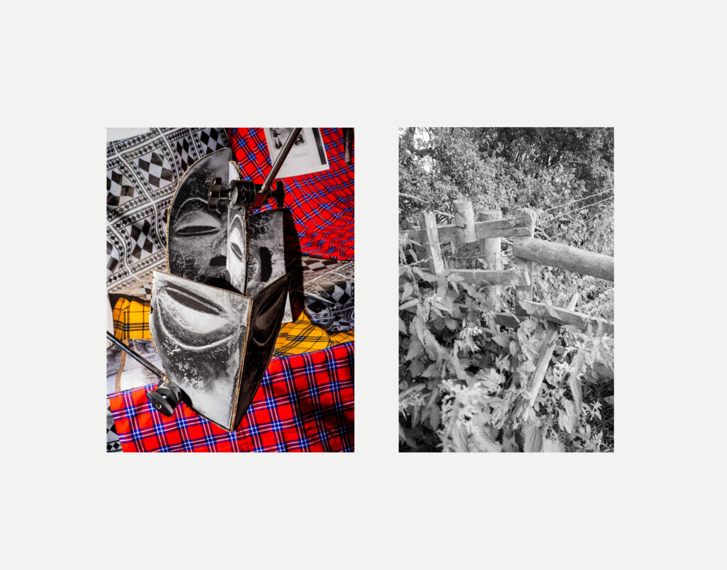 Two images on a grey background. One depicting a mask. Another depicting a broken down fence.