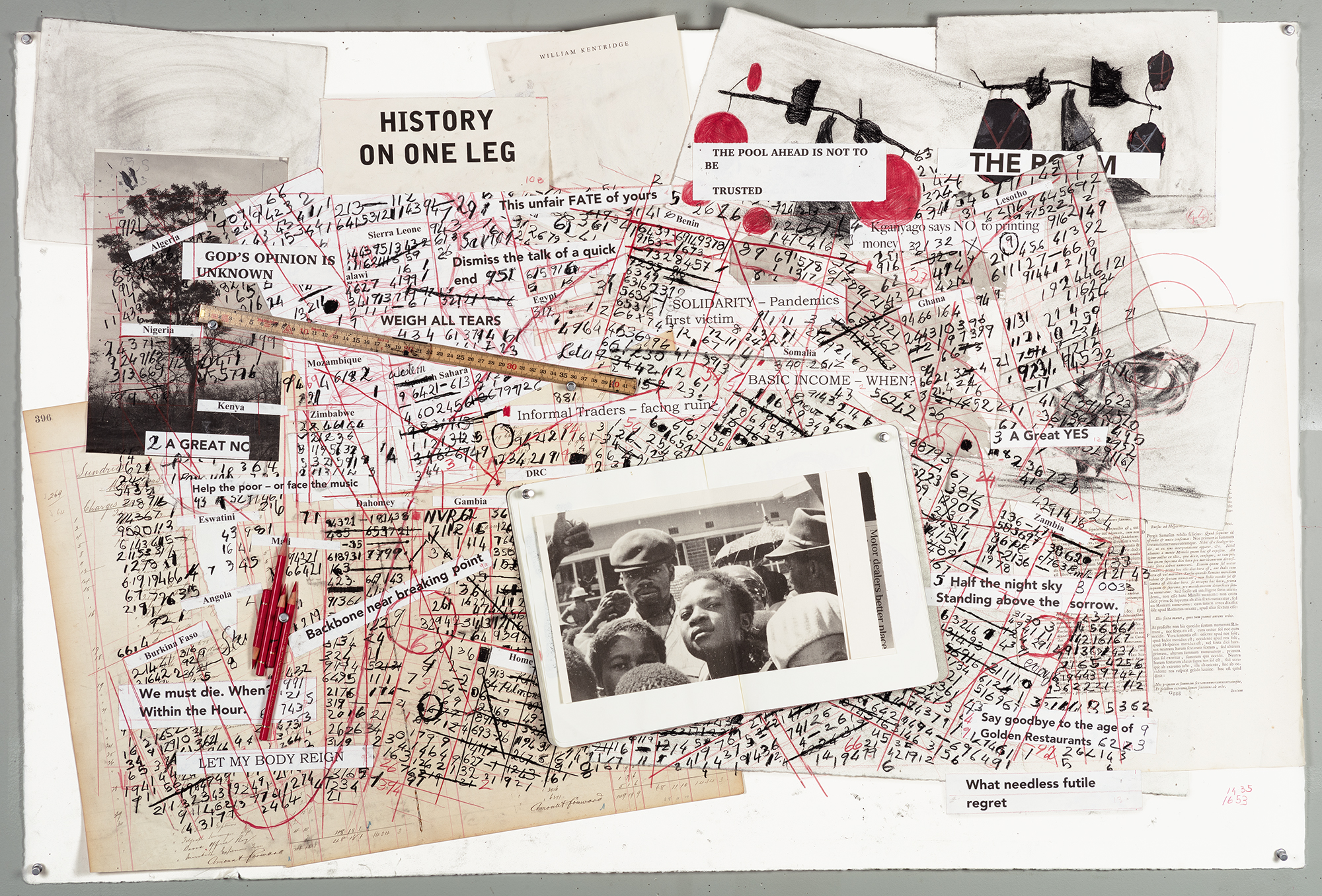 William Kentridge, Drawing for Studio Life (History on One Leg), 2020. Charcoal, paper collage, pencil and wooden ruler on paper