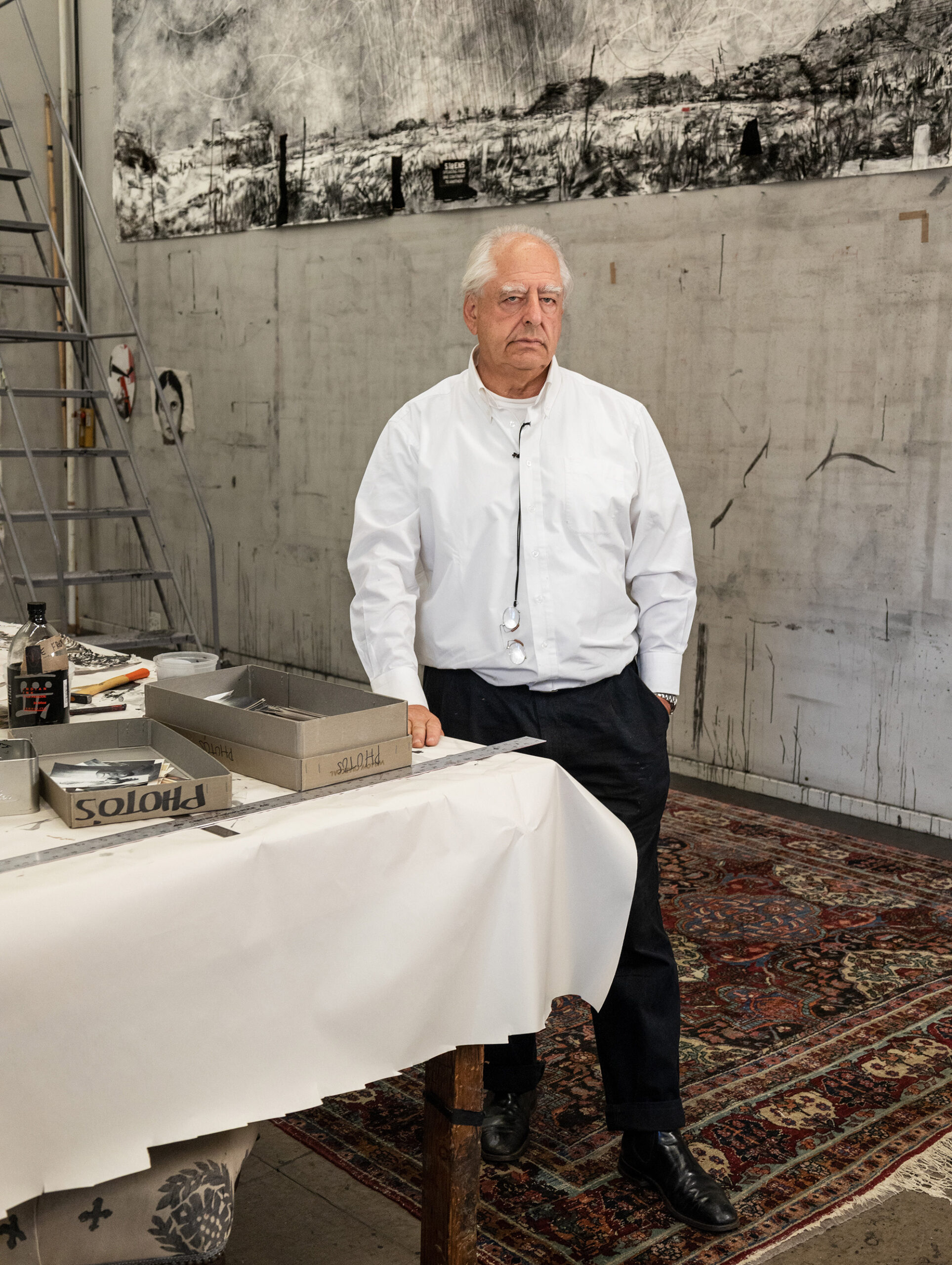 249MAG320_Kentridge-Sobekwa-HR William Kentridge at
his studio, Johannesburg, August 2022<br>
Photograph by Lindokuhle Sobekwa for <em>Aperture</em>