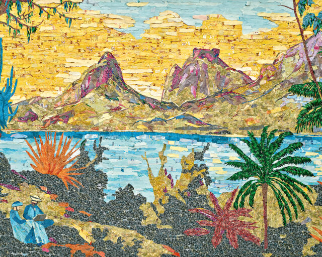 A collaged image of a landscape scene with mountains, a beach, and two individuals