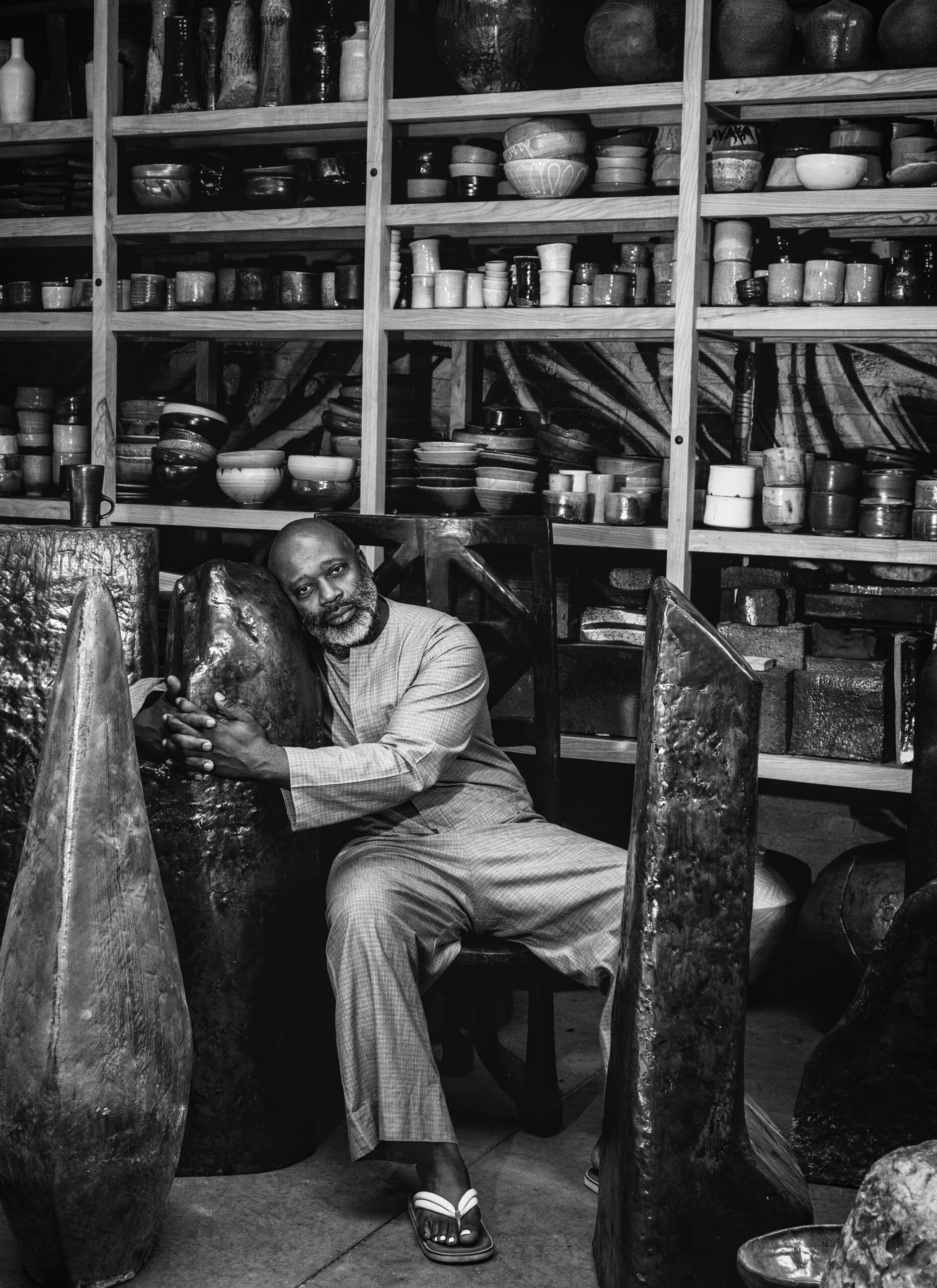 Theaster Gates in his studio, Chicago, July 2025<br>Photograph by Dana Scruggs for <em>Aperture</em>